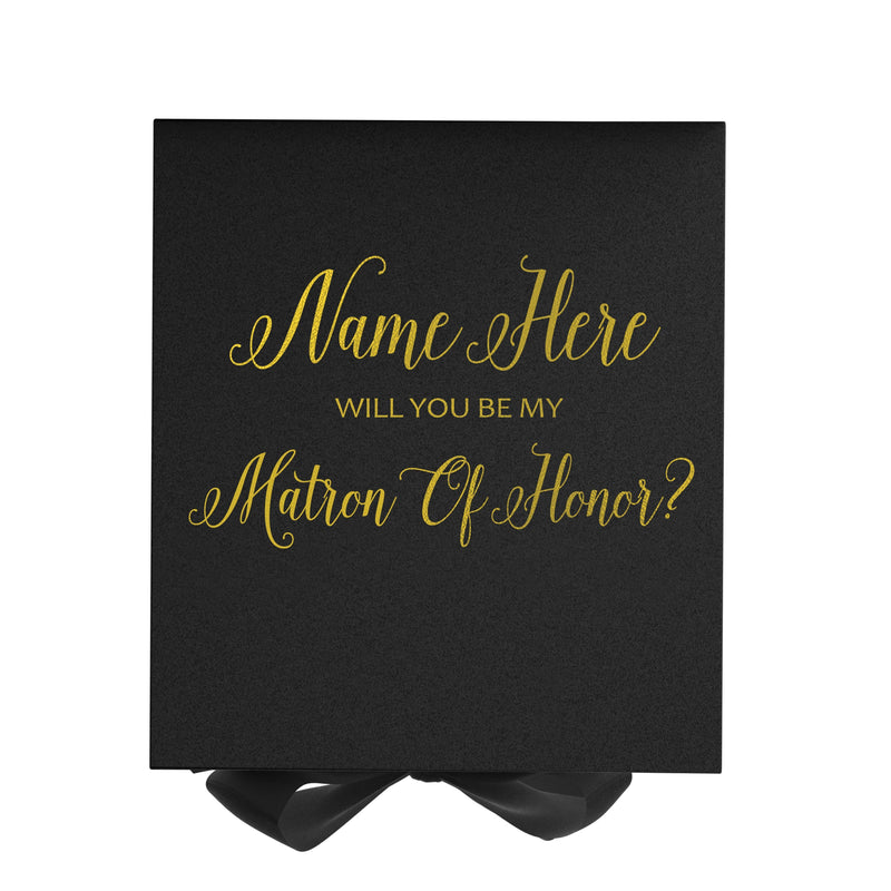 Personalized Will You Be My Matron Of Honor? Proposal Box Black w/ Bow - No Border