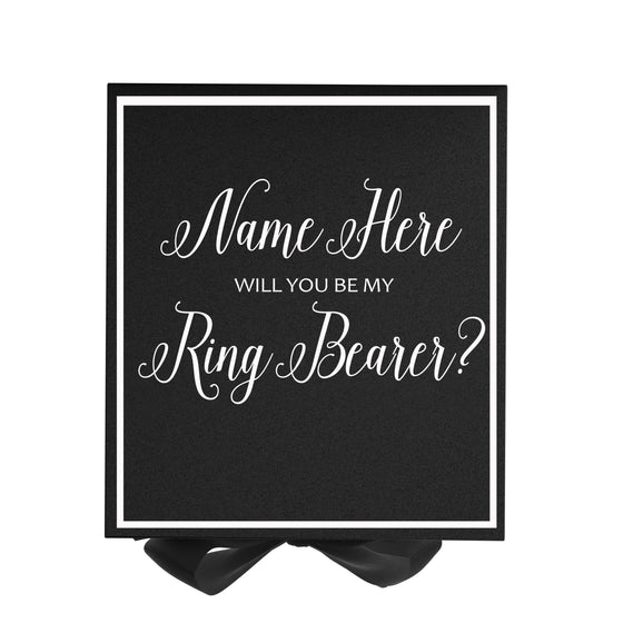 Personalized Will You Be My Ring Bearer? Proposal Box Black w/ Bow -  Border