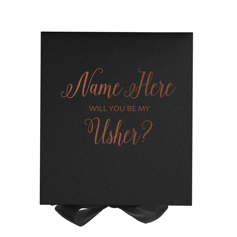 Personalized Will You Be My Usher? Proposal Box Black w/ Bow - No Border