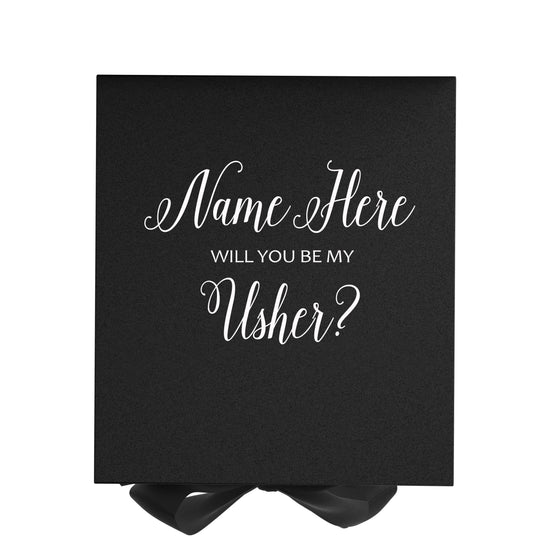 Personalized Will You Be My Usher? Proposal Box Black w/ Bow - No Border