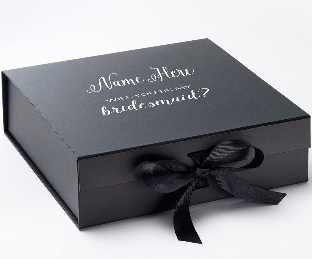 Personalized Will You Be My Bridesmaid? Proposal Box Black w/ Bow - No Border