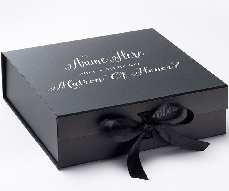 Personalized Will You Be My Matron Of Honor? Proposal Box Black w/ Bow - No Border