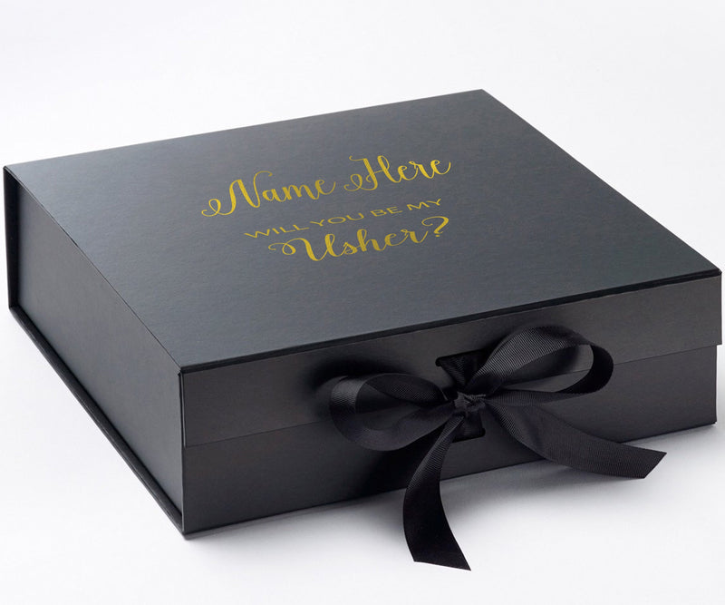 Personalized Will You Be My Usher? Proposal Box Black w/ Bow - No Border