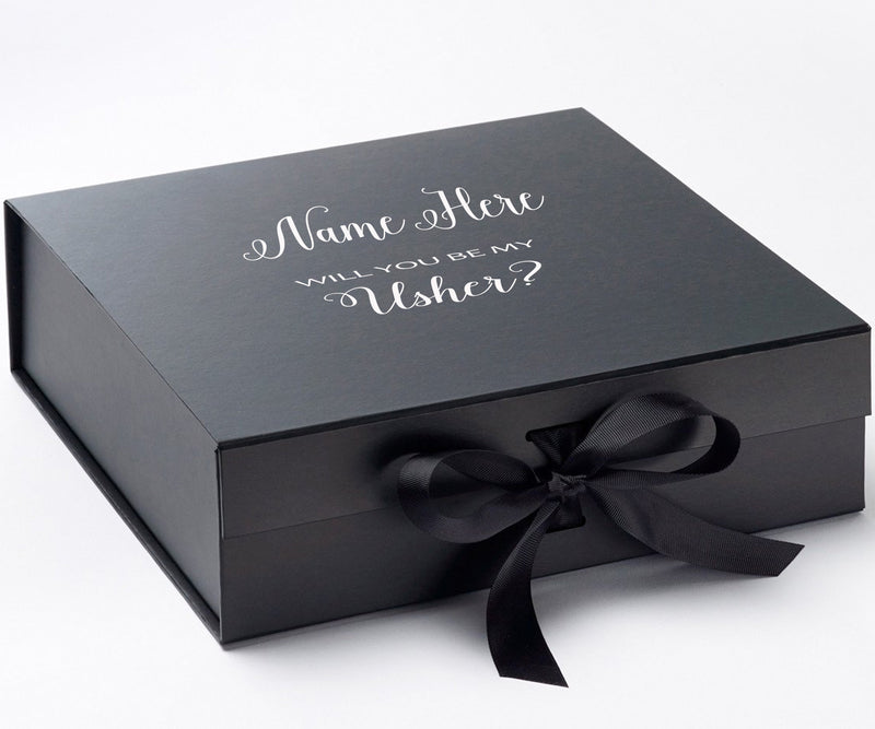 Personalized Will You Be My Usher? Proposal Box Black w/ Bow - No Border