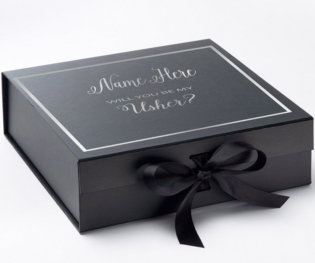 Personalized Will You Be My Usher? Proposal Box Black w/ Bow -  Border