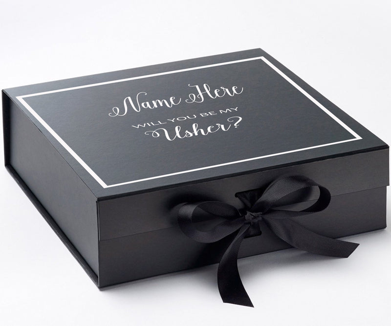 Personalized Will You Be My Usher? Proposal Box Black w/ Bow -  Border