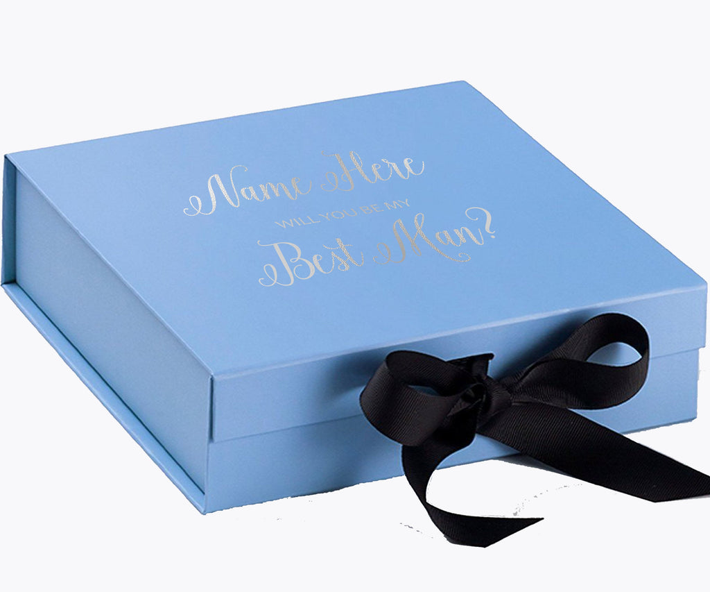 Personalized Will You Be My Best Man  Box? Proposal Box Light Blue w/ Bow Blk - No Border