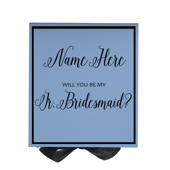 Personalized Will You Be My Jr. Bridesmaid  Box? Proposal Box Light Blue w/ Bow Blk -  Border