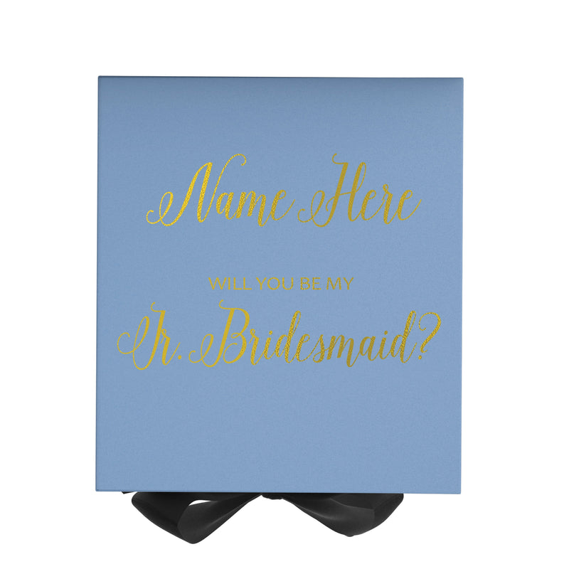Personalized Will You Be My Jr. Bridesmaid  Box? Proposal Box Light Blue w/ Bow Blk - No Border