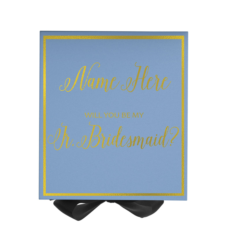 Personalized Will You Be My Jr. Bridesmaid  Box? Proposal Box Light Blue w/ Bow Blk -  Border