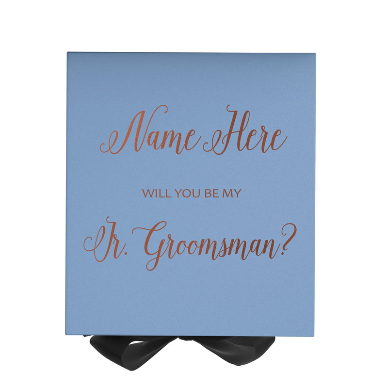 Personalized Will You Be My Jr. Groomsman  Box? Proposal Box Light Blue w/ Bow Blk - No Border