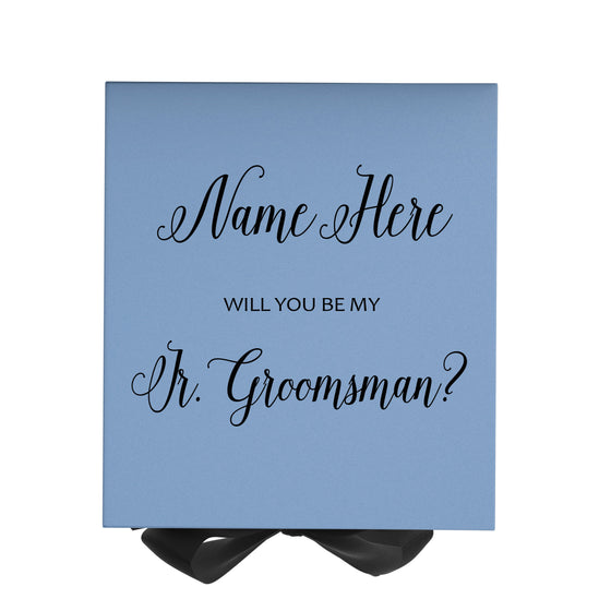 Personalized Will You Be My Jr. Groomsman  Box? Proposal Box Light Blue w/ Bow Blk - No Border
