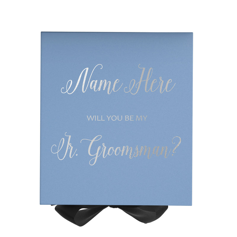 Personalized Will You Be My Jr. Groomsman  Box? Proposal Box Light Blue w/ Bow Blk - No Border