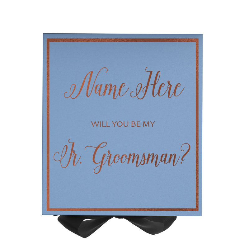 Personalized Will You Be My Jr. Groomsman  Box? Proposal Box Light Blue w/ Bow Blk -  Border