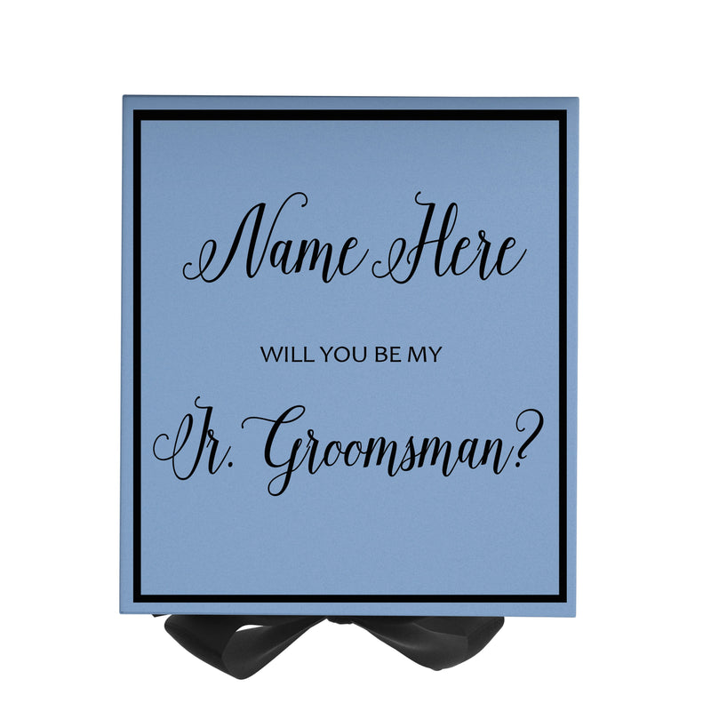 Personalized Will You Be My Jr. Groomsman  Box? Proposal Box Light Blue w/ Bow Blk -  Border