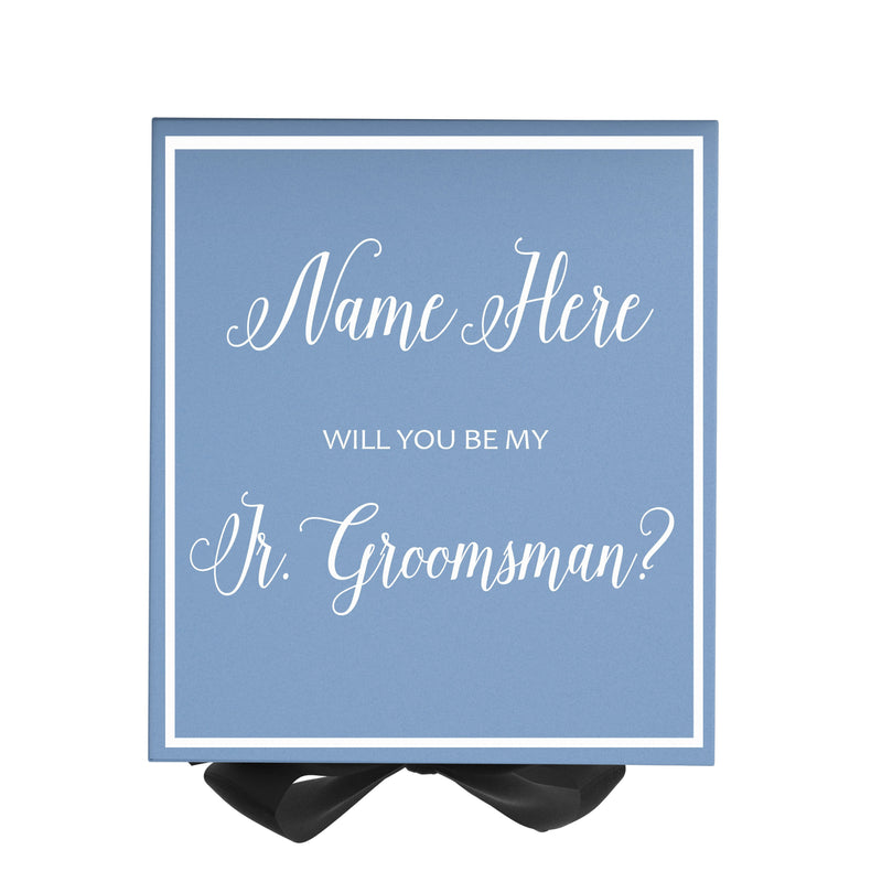 Personalized Will You Be My Jr. Groomsman  Box? Proposal Box Light Blue w/ Bow Blk -  Border