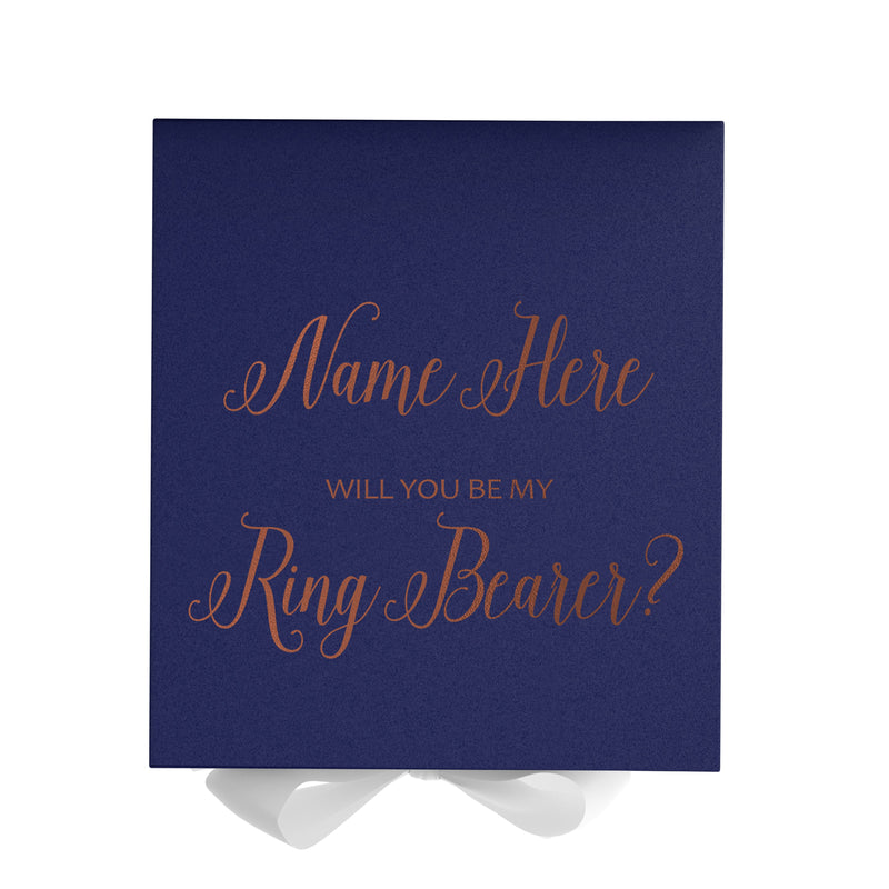 Personalized Will You Be My Ring Bearer  Box? Proposal Box Navy Blue w/ Bow white - No Border
