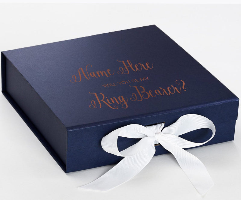 Personalized Will You Be My Ring Bearer  Box? Proposal Box Navy Blue w/ Bow white - No Border