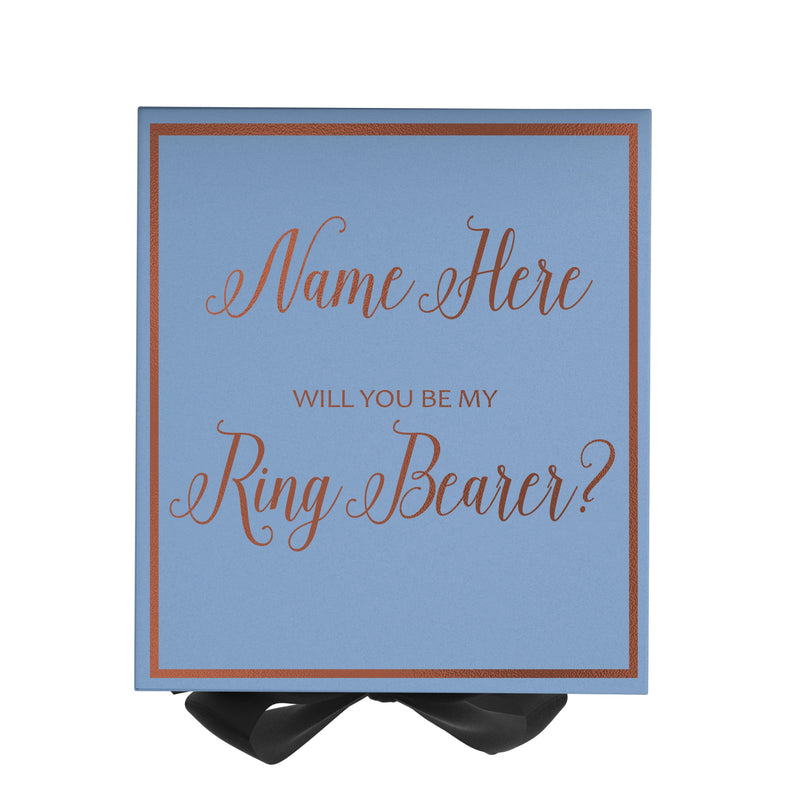 Personalized Will You Be My Ring Bearer  Box? Proposal Box Light Blue w/ Bow Blk -  Border