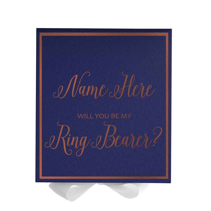 Personalized Will You Be My Ring Bearer  Box? Proposal Box Navy Blue w/ Bow white -  Border