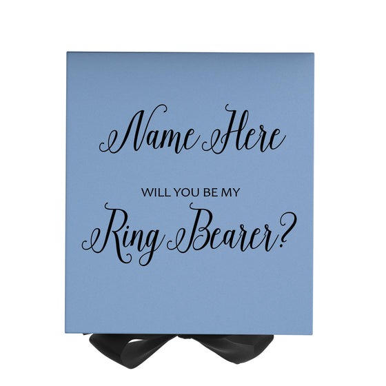Personalized Will You Be My Ring Bearer  Box? Proposal Box Light Blue w/ Bow Blk - No Border