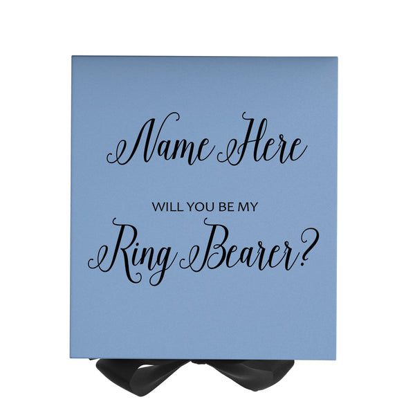 Personalized Will You Be My Ring Bearer  Box? Proposal Box Light Blue w/ Bow Blk - No Border