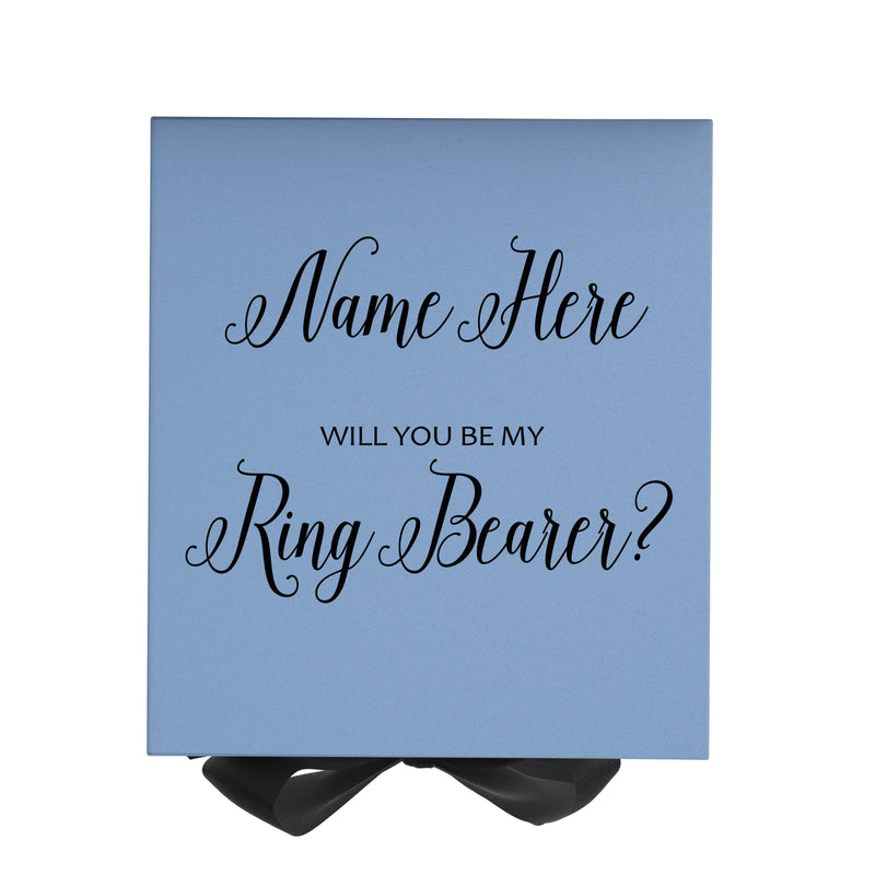 Personalized Will You Be My Ring Bearer  Box? Proposal Box Light Blue w/ Bow Blk - No Border