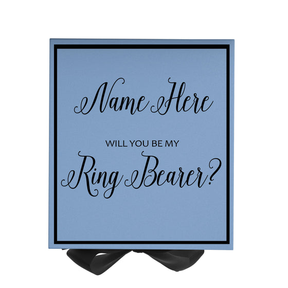 Personalized Will You Be My Ring Bearer  Box? Proposal Box Light Blue w/ Bow Blk -  Border