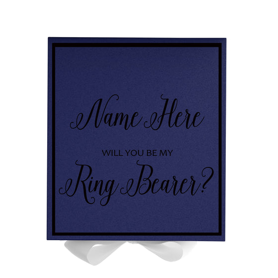 Personalized Will You Be My Ring Bearer  Box? Proposal Box Navy Blue w/ Bow white -  Border