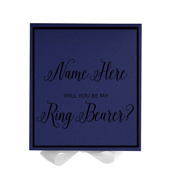 Personalized Will You Be My Ring Bearer  Box? Proposal Box Navy Blue w/ Bow white -  Border