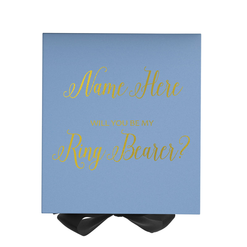 Personalized Will You Be My Ring Bearer  Box? Proposal Box Light Blue w/ Bow Blk - No Border