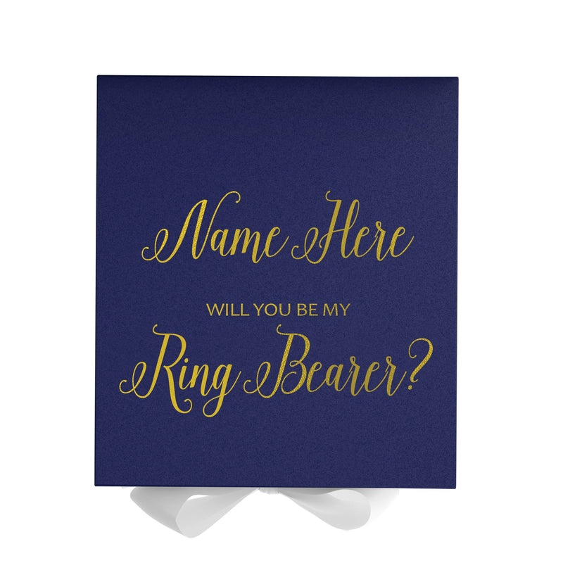 Personalized Will You Be My Ring Bearer  Box? Proposal Box Navy Blue w/ Bow white - No Border