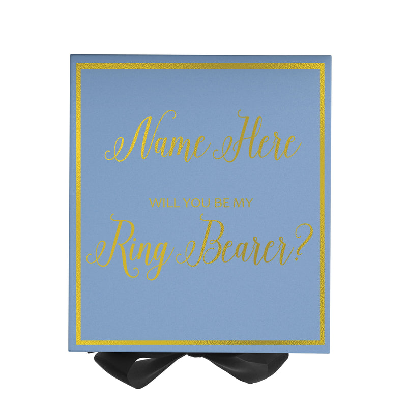 Personalized Will You Be My Ring Bearer  Box? Proposal Box Light Blue w/ Bow Blk -  Border