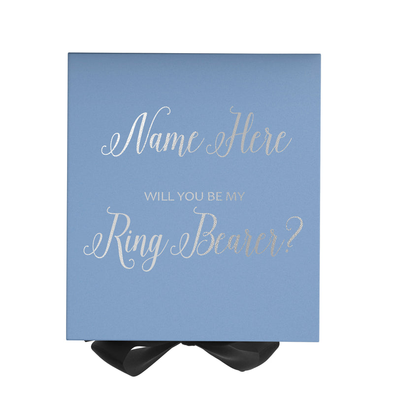 Personalized Will You Be My Ring Bearer  Box? Proposal Box Light Blue w/ Bow Blk - No Border
