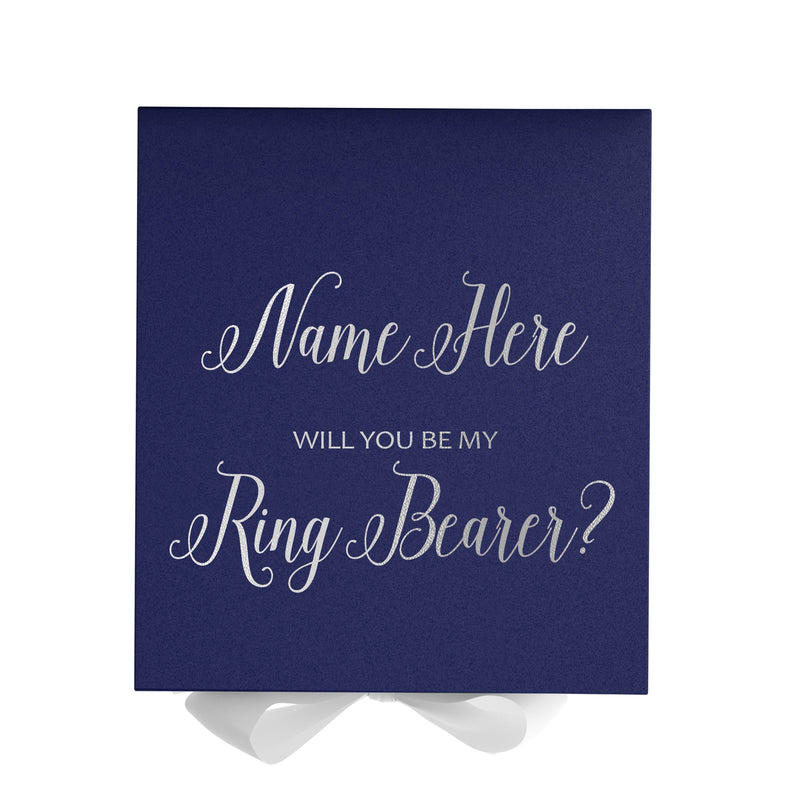 Personalized Will You Be My Ring Bearer  Box? Proposal Box Navy Blue w/ Bow white - No Border