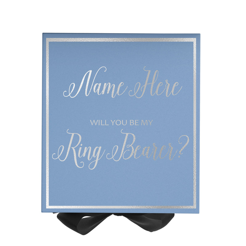 Personalized Will You Be My Ring Bearer  Box? Proposal Box Light Blue w/ Bow Blk -  Border