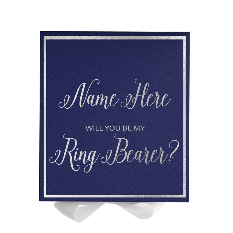 Personalized Will You Be My Ring Bearer  Box? Proposal Box Navy Blue w/ Bow white -  Border