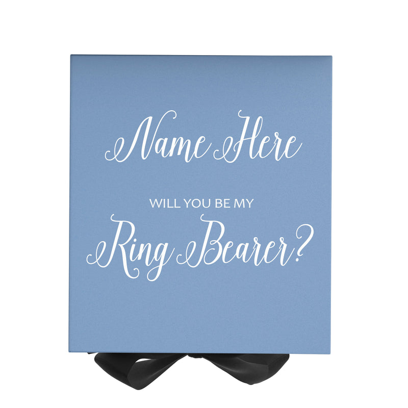 Personalized Will You Be My Ring Bearer  Box? Proposal Box Light Blue w/ Bow Blk - No Border