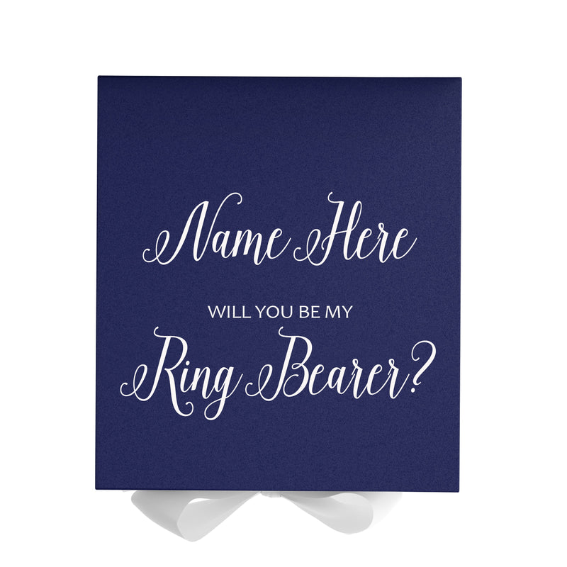 Personalized Will You Be My Ring Bearer  Box? Proposal Box Navy Blue w/ Bow white - No Border