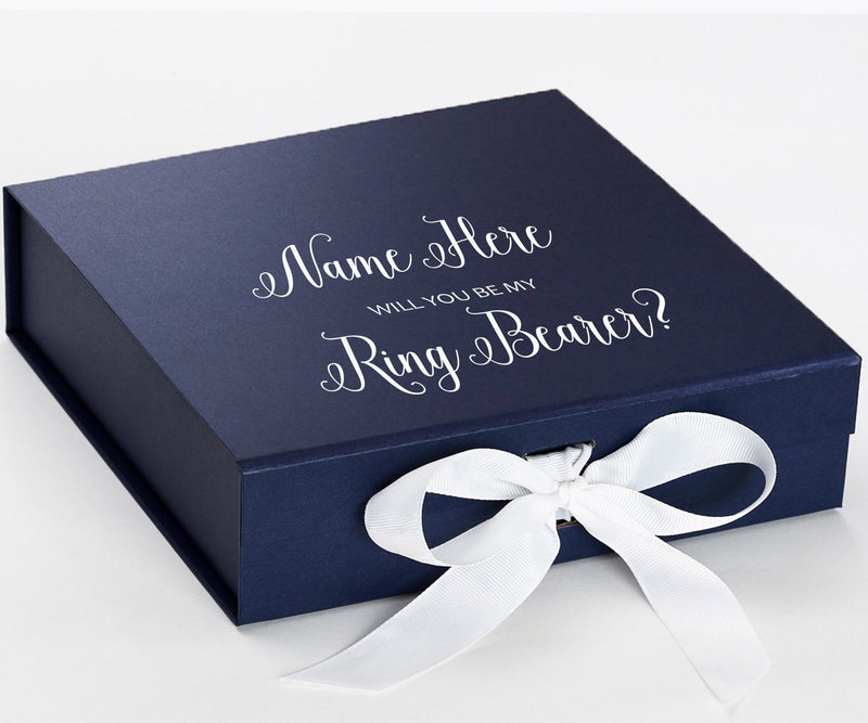 Personalized Will You Be My Ring Bearer  Box? Proposal Box Navy Blue w/ Bow white - No Border