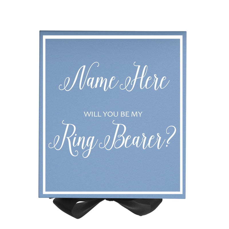 Personalized Will You Be My Ring Bearer  Box? Proposal Box Light Blue w/ Bow Blk -  Border