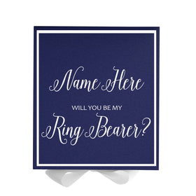 Personalized Will You Be My Ring Bearer  Box? Proposal Box Navy Blue w/ Bow white -  Border