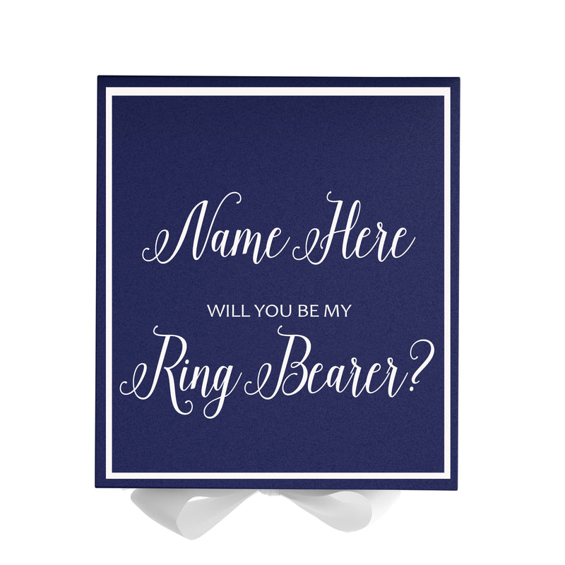 Personalized Will You Be My Ring Bearer  Box? Proposal Box Navy Blue w/ Bow white -  Border