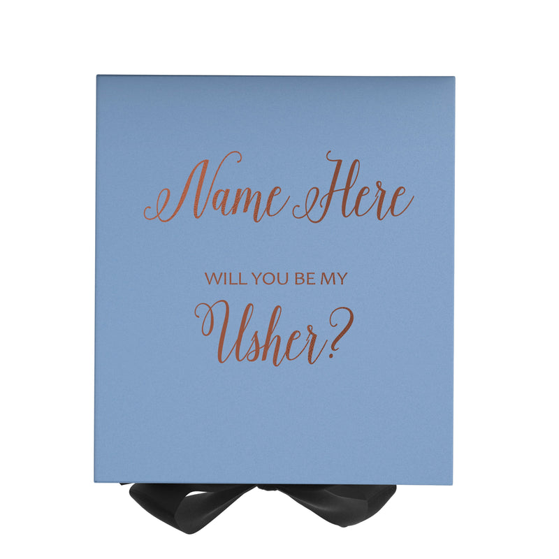Personalized Will You Be My Usher  Box? Proposal Box Light Blue w/ Bow Blk - No Border
