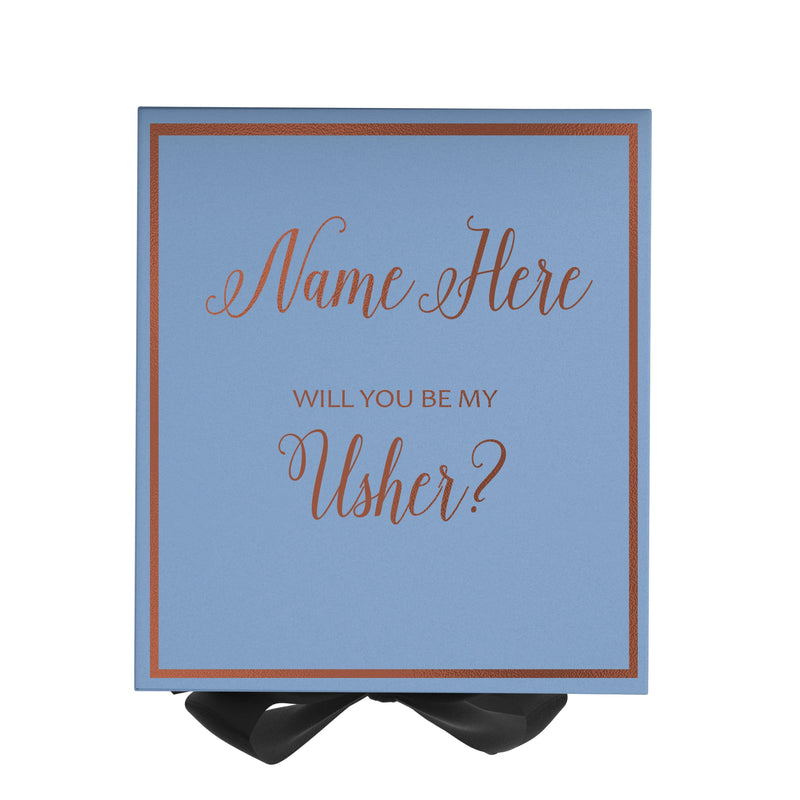 Personalized Will You Be My Usher  Box? Proposal Box Light Blue w/ Bow Blk -  Border