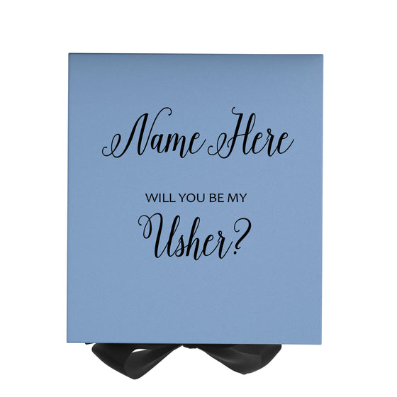 Personalized Will You Be My Usher  Box? Proposal Box Light Blue w/ Bow Blk - No Border