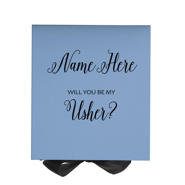 Personalized Will You Be My Usher  Box? Proposal Box Light Blue w/ Bow Blk - No Border