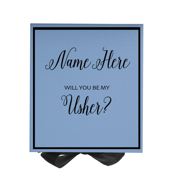 Personalized Will You Be My Usher  Box? Proposal Box Light Blue w/ Bow Blk -  Border