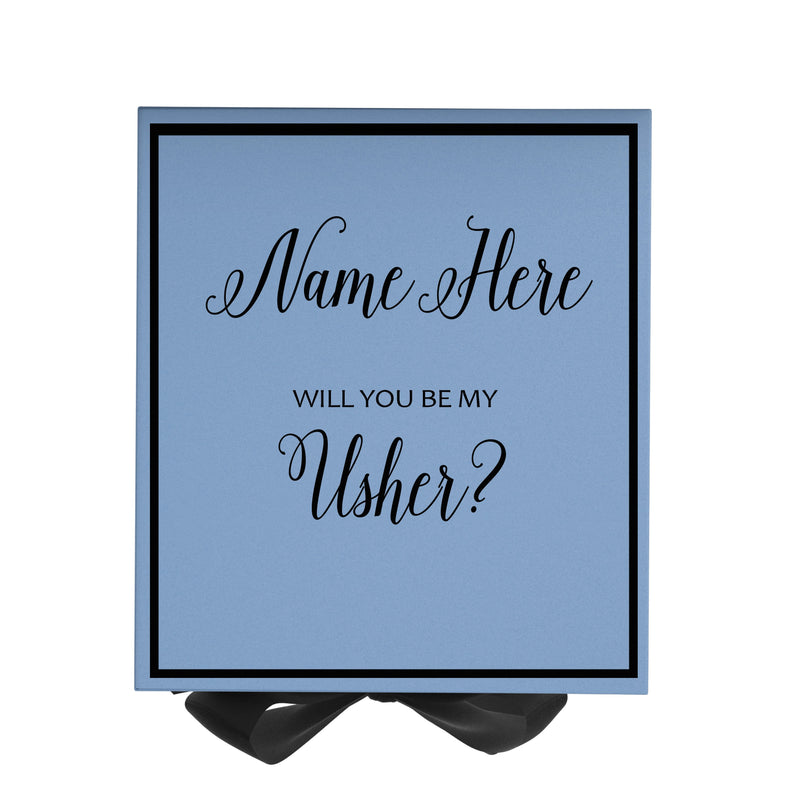 Personalized Will You Be My Usher  Box? Proposal Box Light Blue w/ Bow Blk -  Border