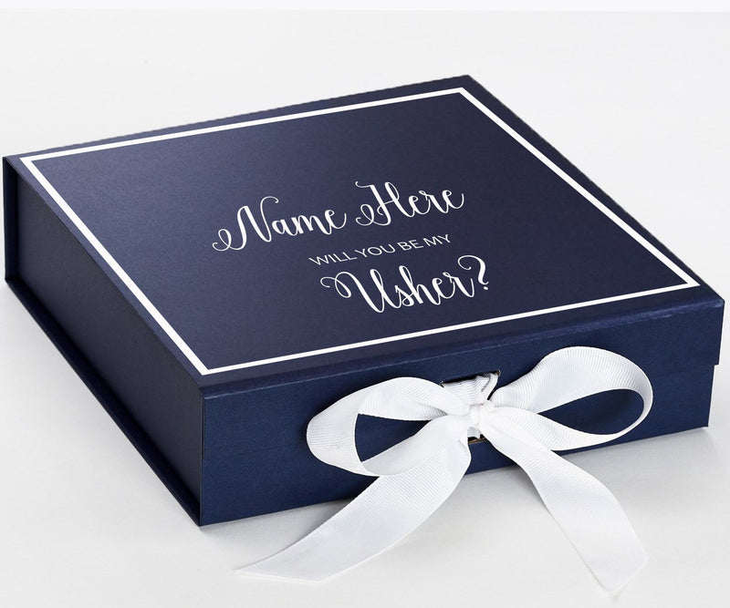 Personalized Will You Be My Usher  Box? Proposal Box Navy Blue w/ Bow white -  Border
